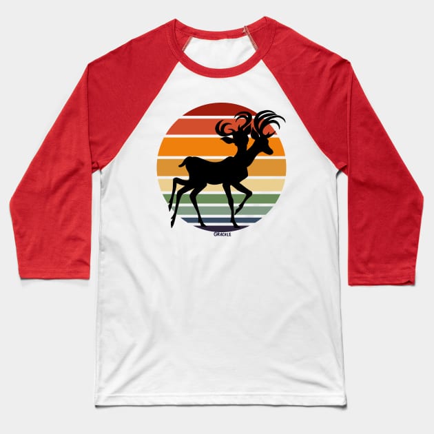 Mutated Deer Retro Sunset Baseball T-Shirt by Jan Grackle